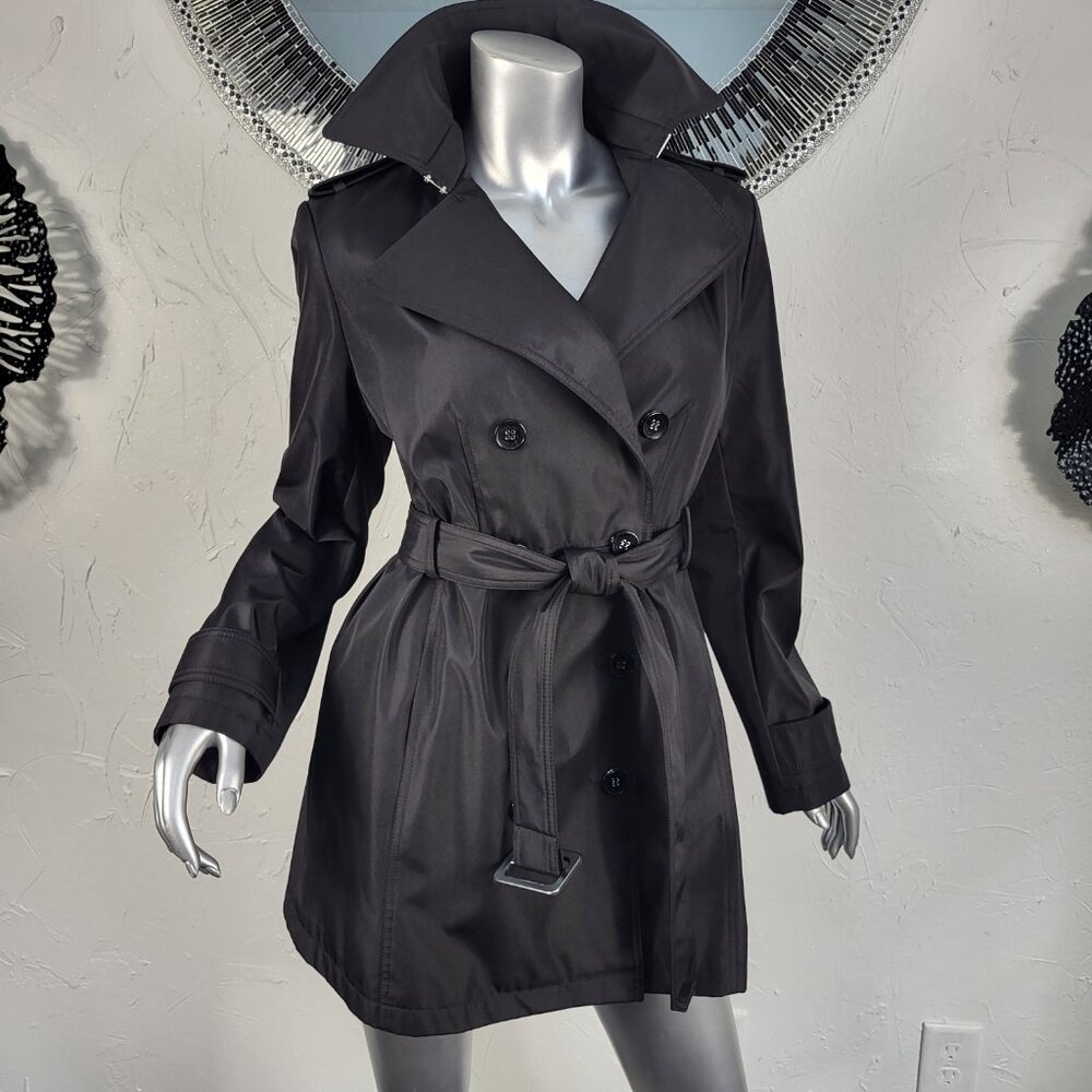 CALVIN KLEIN~M~BLACK BELTED DOUBLE BREASTED TRENCH COAT JACKET RAINCOAT